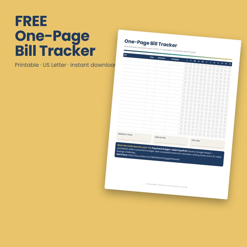 Free one-page bill tracker preview